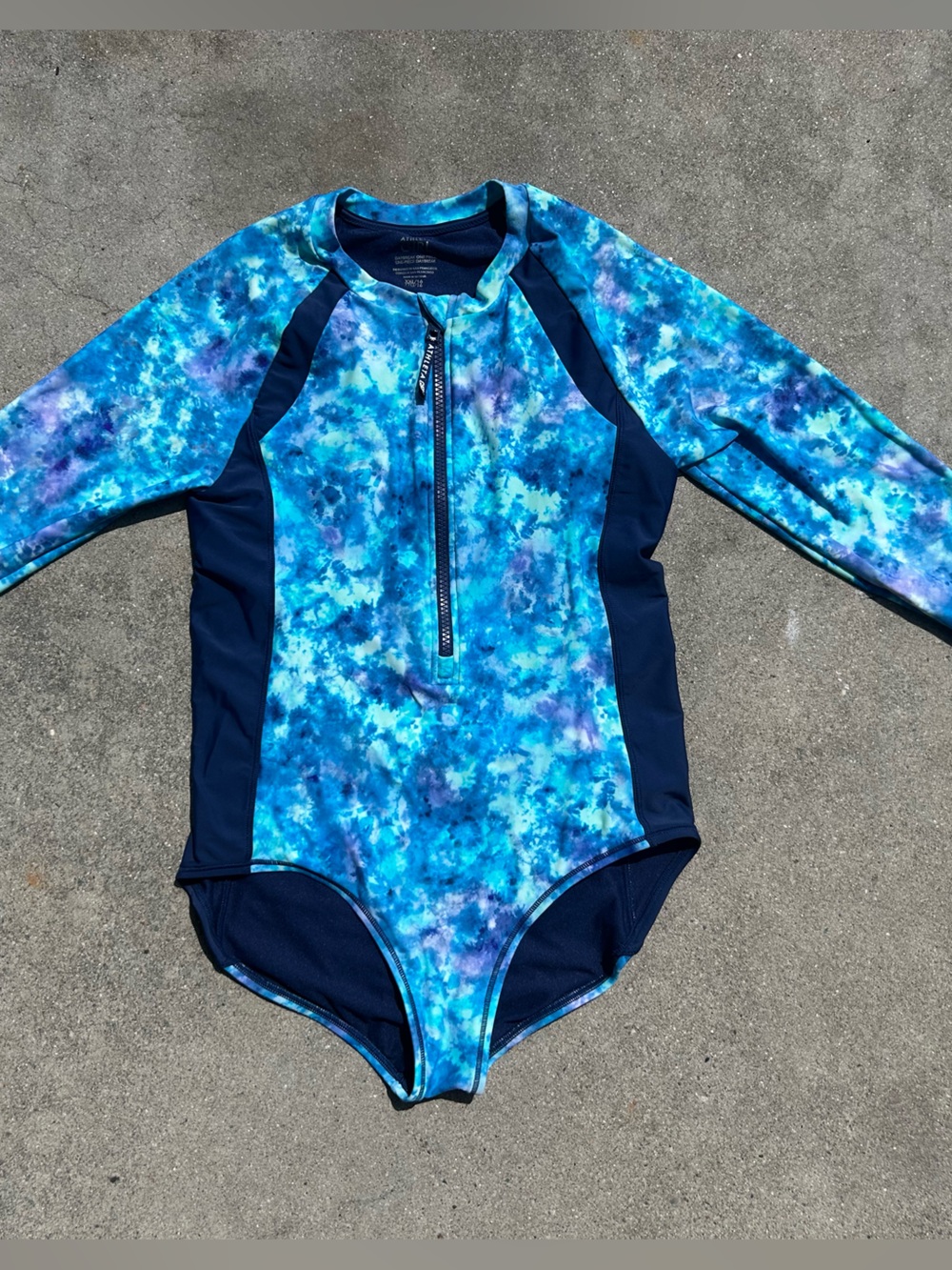 Athleta Girls Long-Sleeve One-Piece Swimsuit in Blue Tie-Dye w Navy Panels XXL